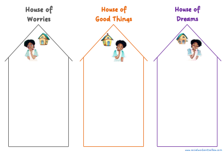 Free 3 three houses template download - house of worries, house of good things, house of hopes and dreams, for girls