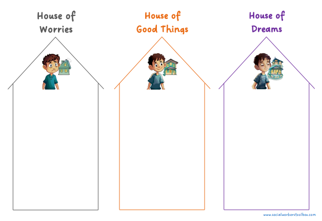 Free 3 three houses template download - house of worries, house of good things, house of hopes and dreams for boys